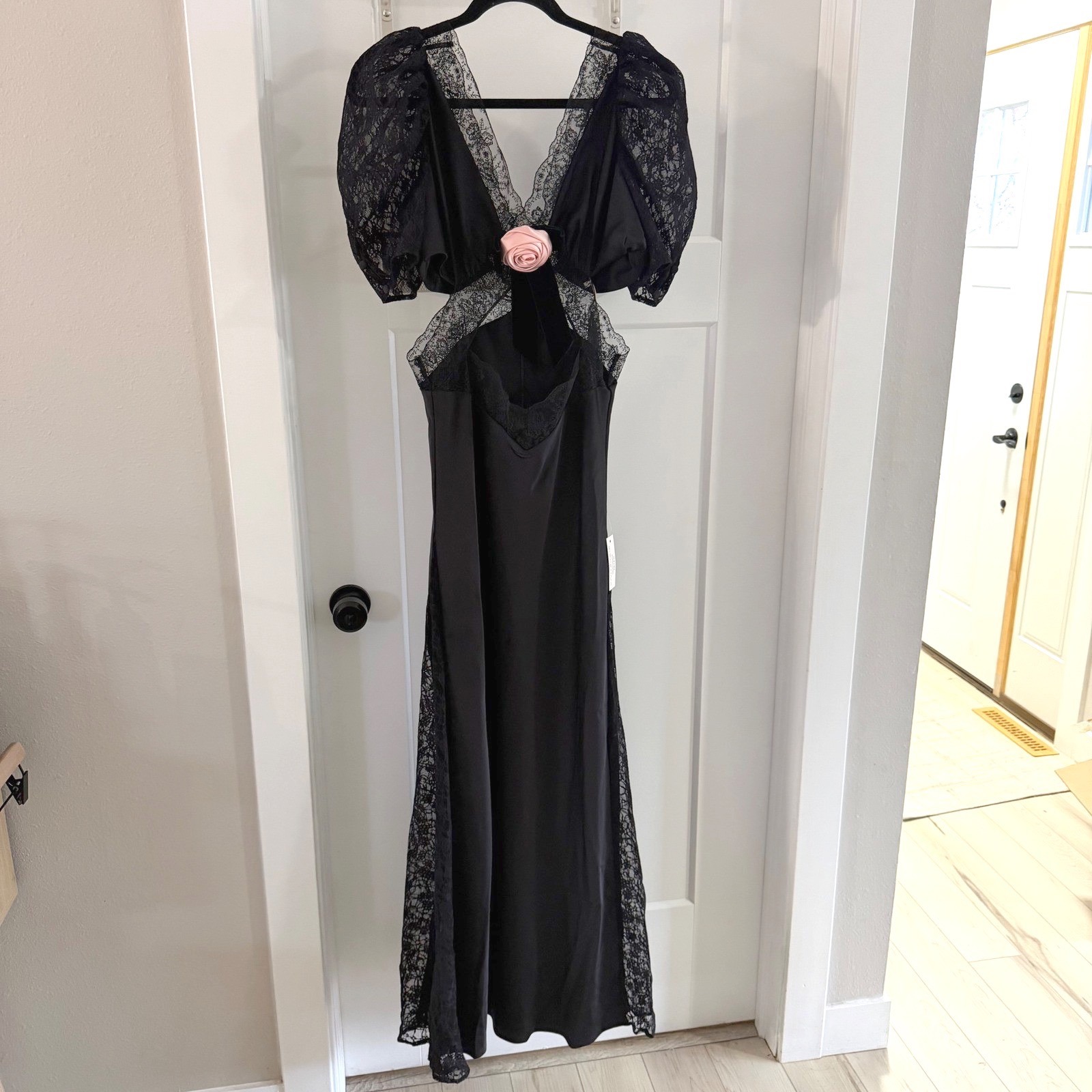 Nwt S For Love & Lemons Corinne Black Lace Pink Bow Puff Sleeve Maxi Dress Goth